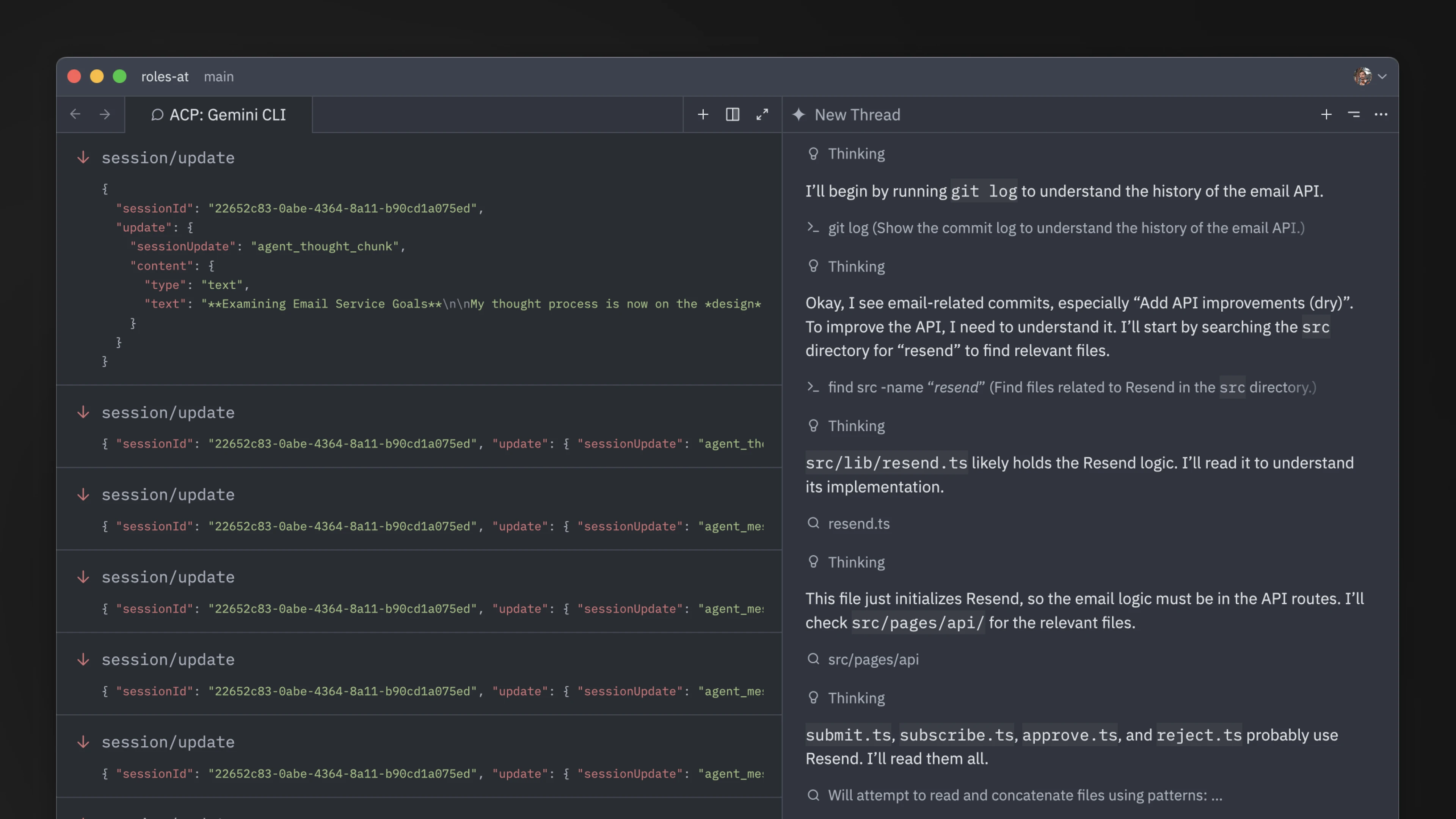 The debug view for ACP logs.