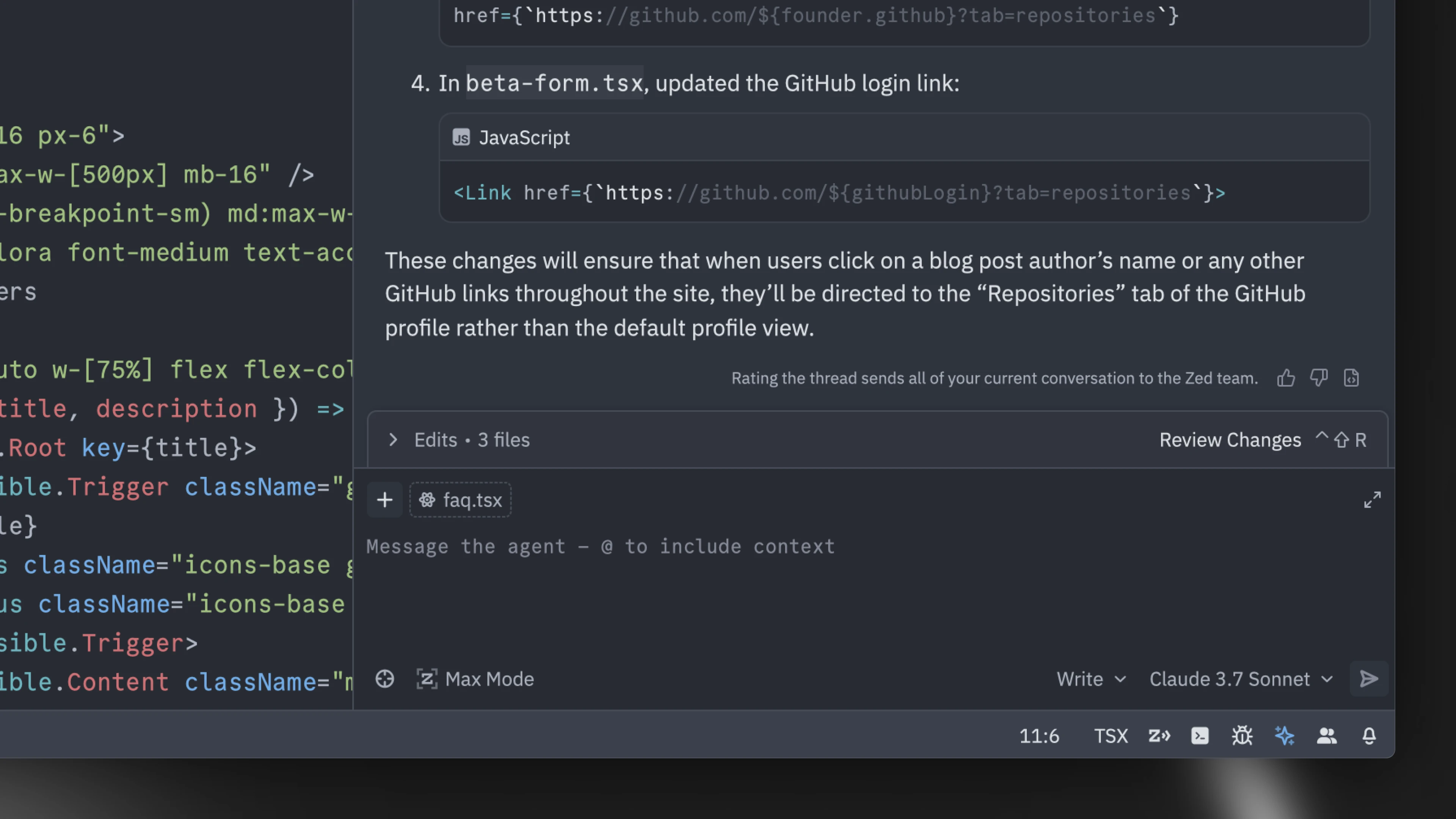 Thumbs up and down buttons at the end of every Agent message.
