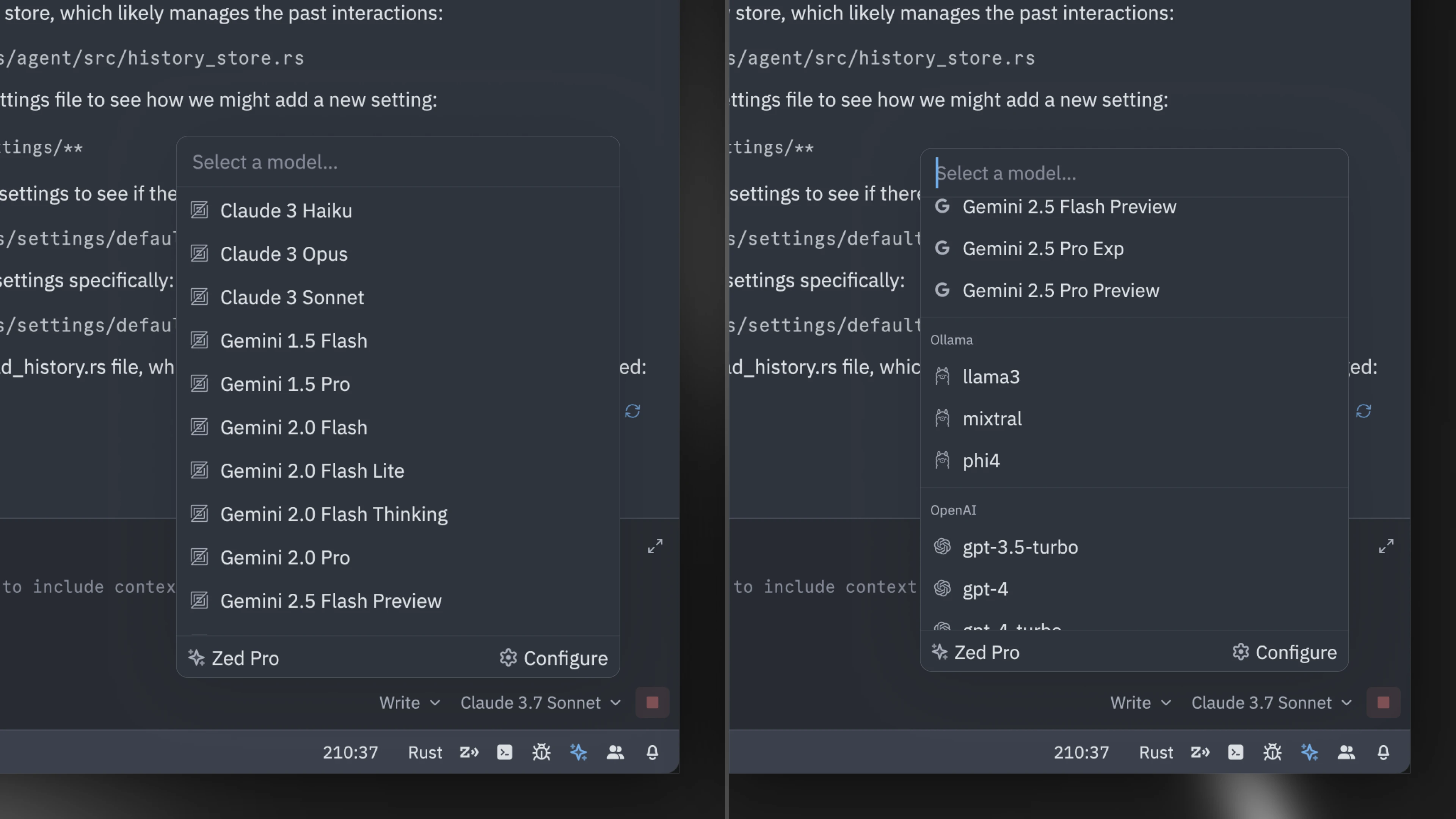 The Agent Panel selector showing models from different providers.