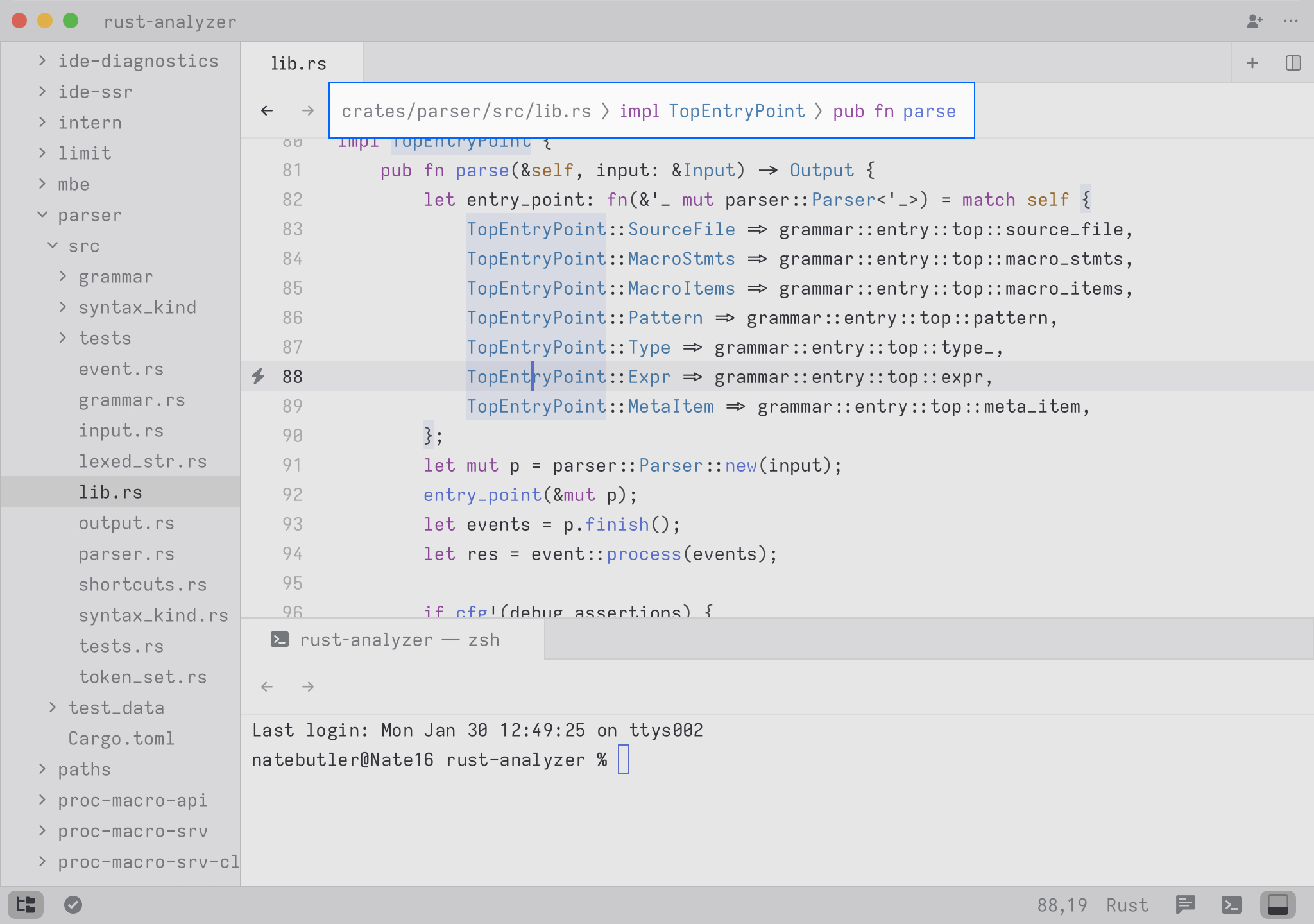 A breadcrumb trail below the tab bar that shows the path to the current file along with a summary of the containing syntax nodes