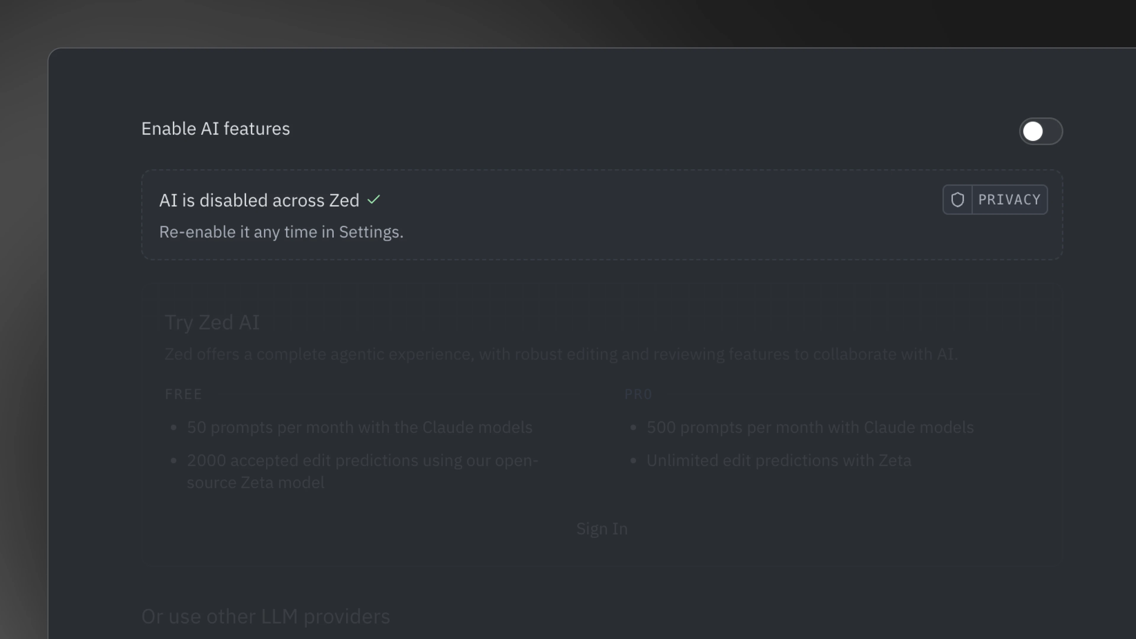 The disable AI switch during onboarding.