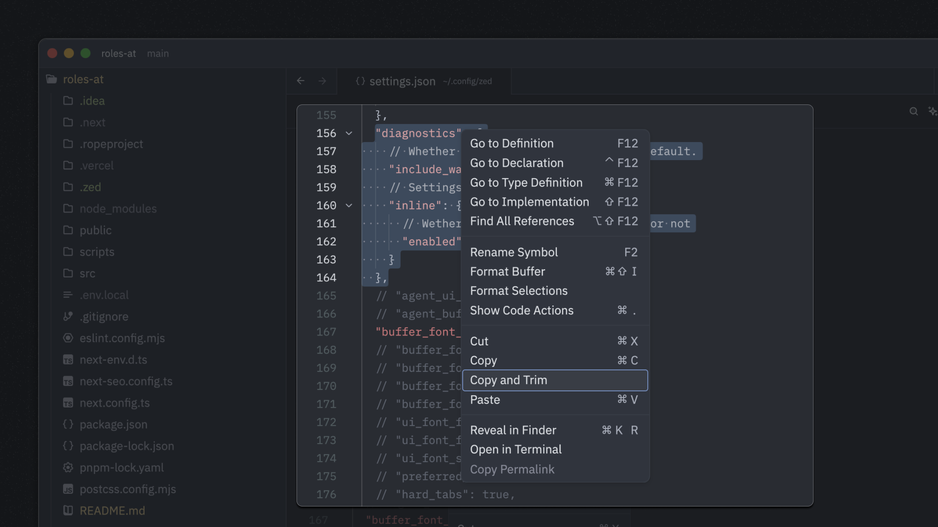 Zed's editor context menu