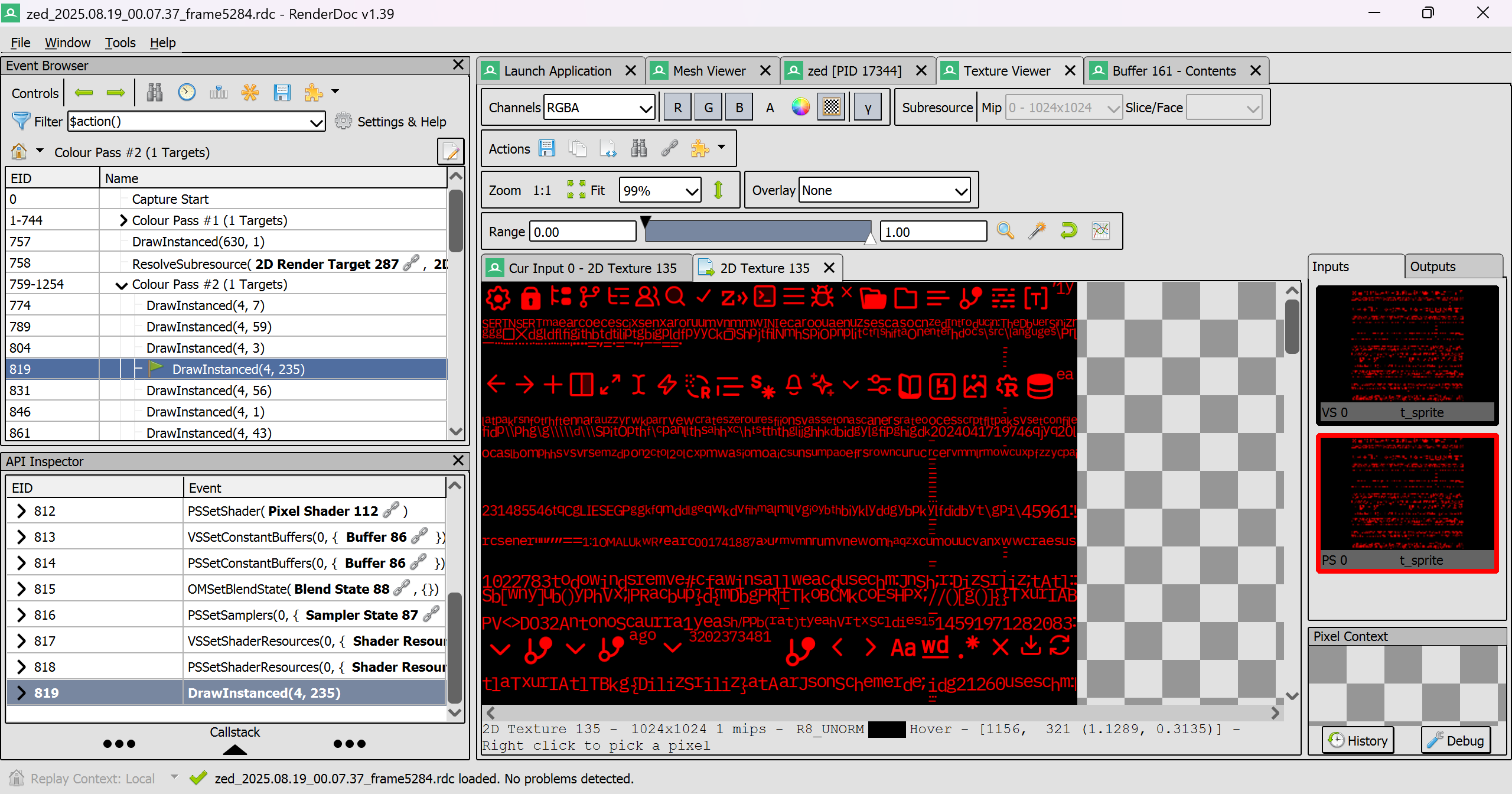 Inspecting Zed's rendering using RenderDoc. Here we're viewing the glyph atlas—a GPU texture that contains one copy of every glyph in the frame