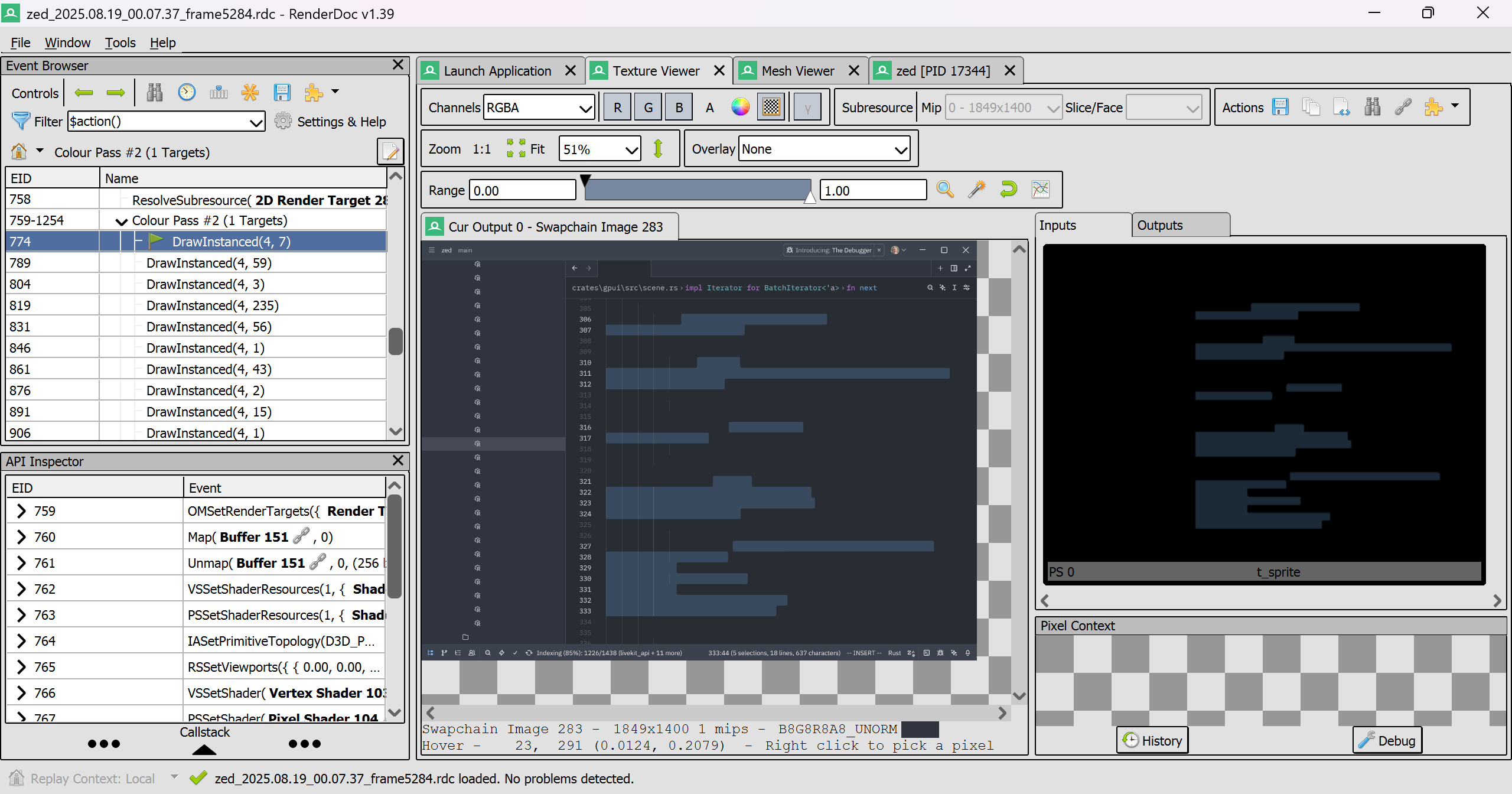 Using RenderDoc to inspect the draw call where paths are copied from an intermediate MSAA texture into the final scene